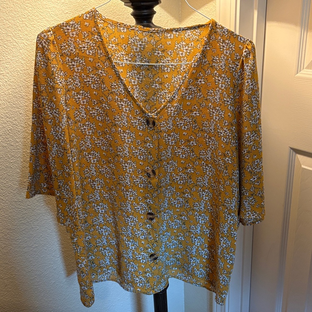 Mustard Floral V-Neck Blouse